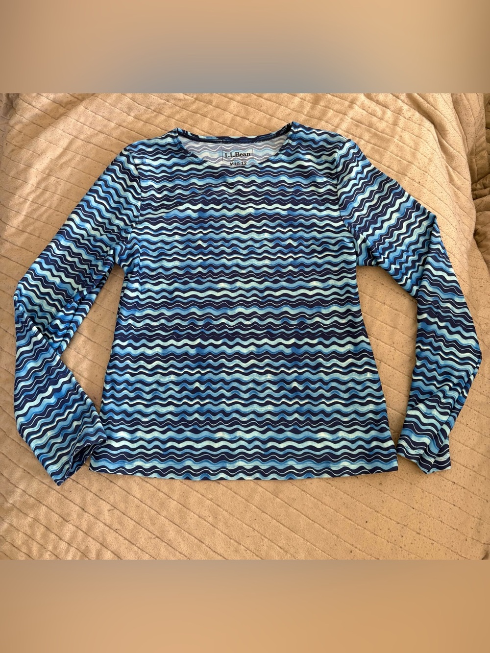 L.L. Bean Women's Wave-Stripe Long Sleeve Top in Navy and Light Blue